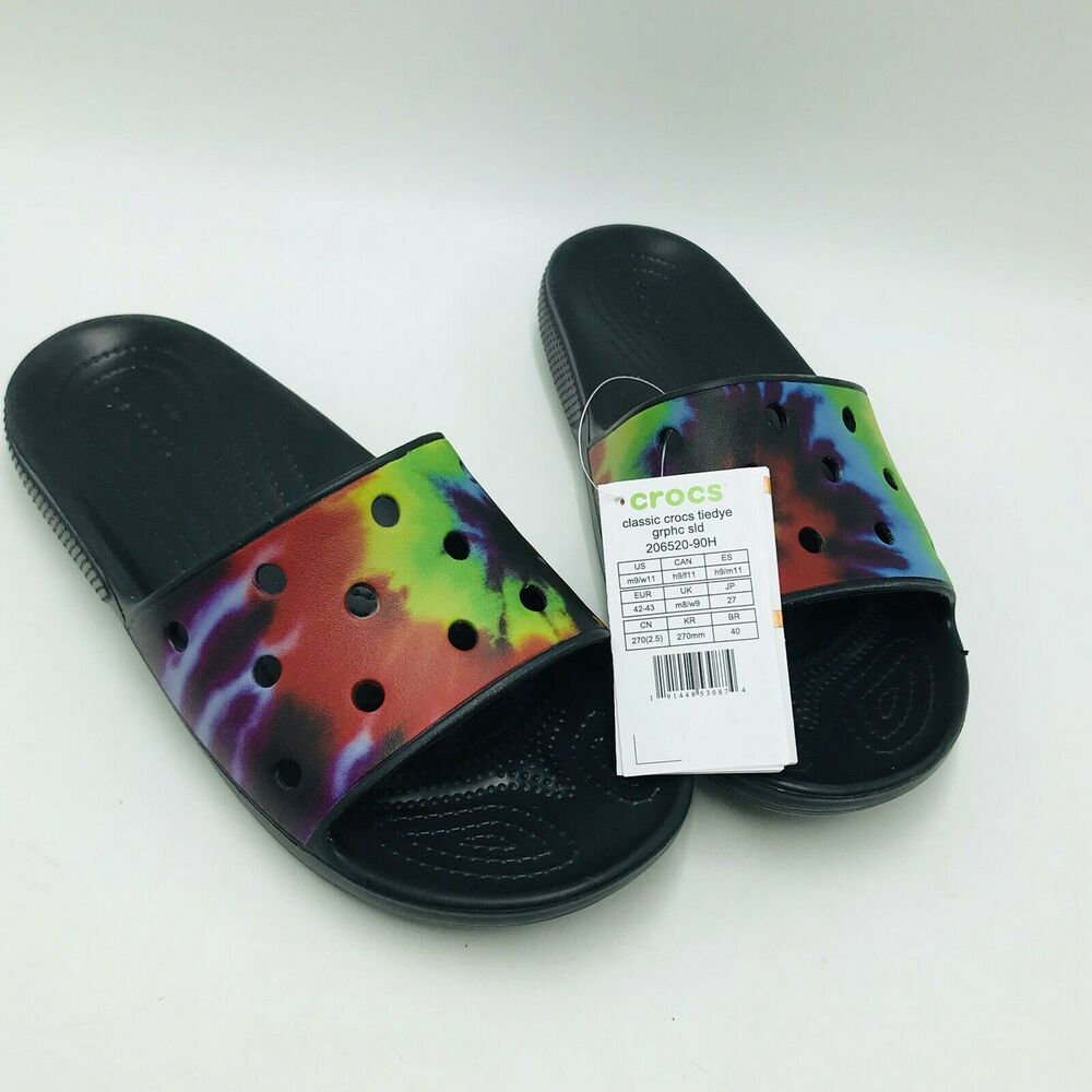 Crocs Men's 9 Women's 11 Classic Tie Dye Graphic Slides Roomy Fit Colorful
